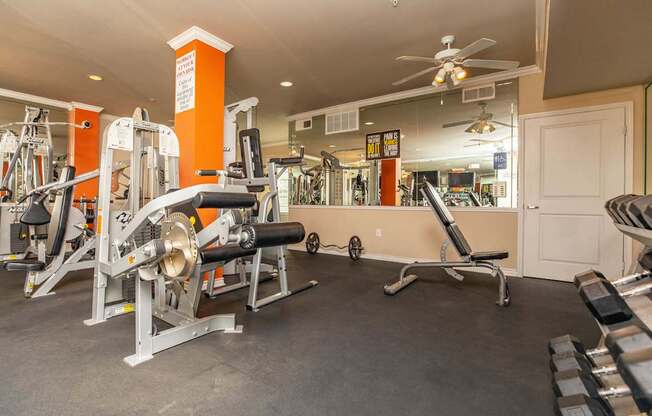 A gym with a variety of equipment including a leg press machine, a chest press machine, and a rowing machine.