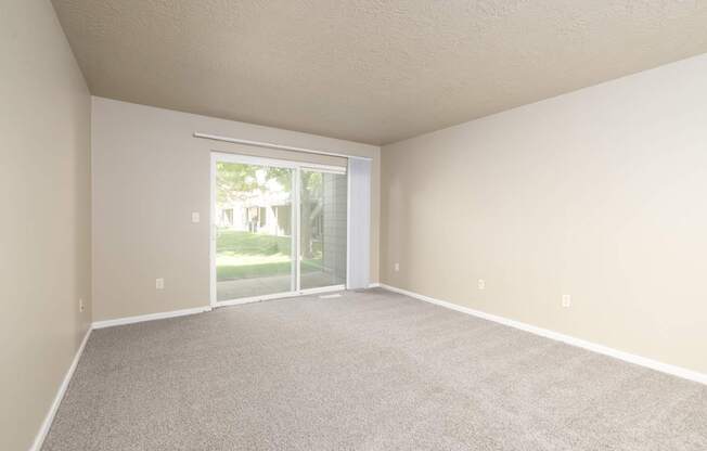 A room with a carpeted floor and a sliding glass door leading outside.