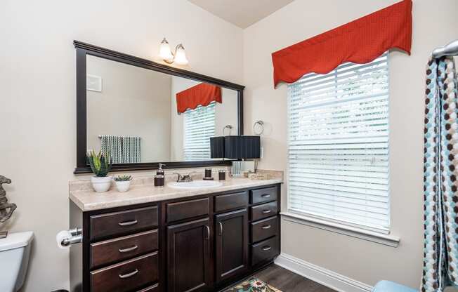 Bathroom with window, vanity, and toilet at Riverstone apartments for rent in Macon, GA