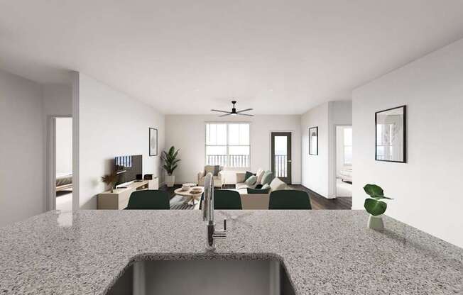 A modern kitchen with a granite countertop and a sink.at The Liliana Apartment Homes, Pooler, GA