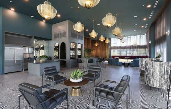 the lobby or reception area of a hotel with chairs and tables