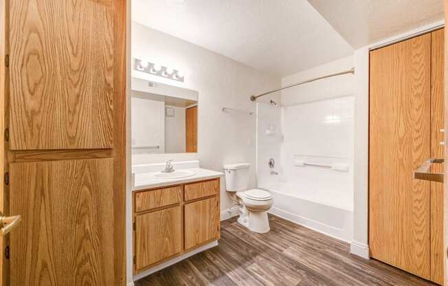 Bathroom vanity and linen closets at at Country Club at The Meadows in Las Vegas, NV!