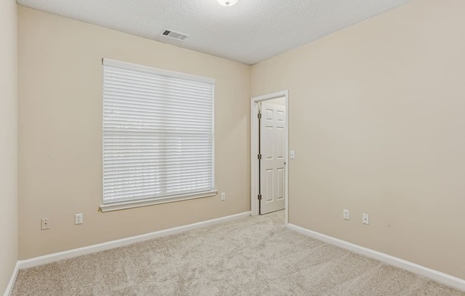 A room with a carpeted floor, a window with blinds, and a closed door.