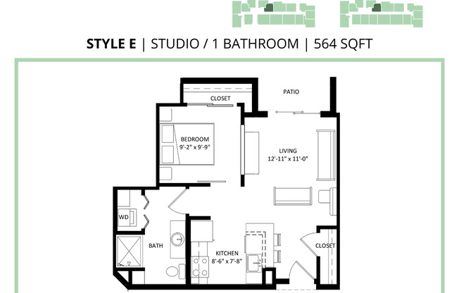 Studio, 1 bath, 564 sqft, $1,295, Unit 115