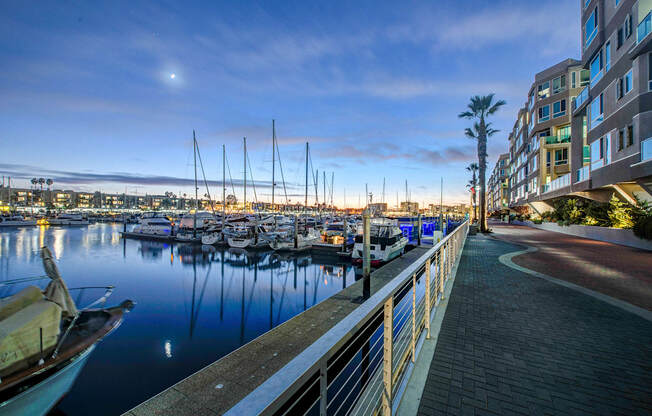 A marina with boats docked and a building on the right at Esprit Marina del Rey, 90292