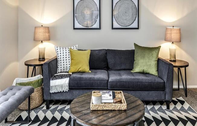 a living room with a couch and a coffee table