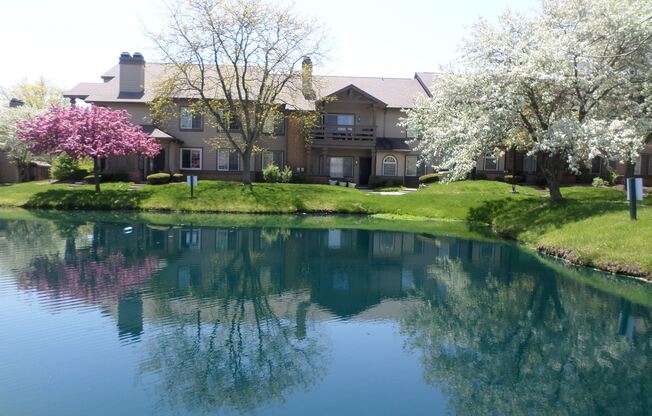 A house with a pond in front of it.