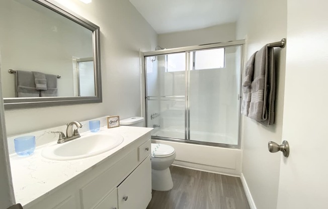 a bathroom with a sink and a shower and a toilet