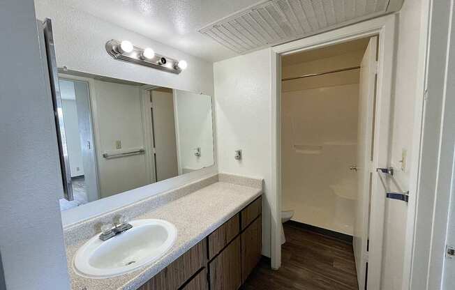 A bathroom with a sink, mirror, and light fixture.