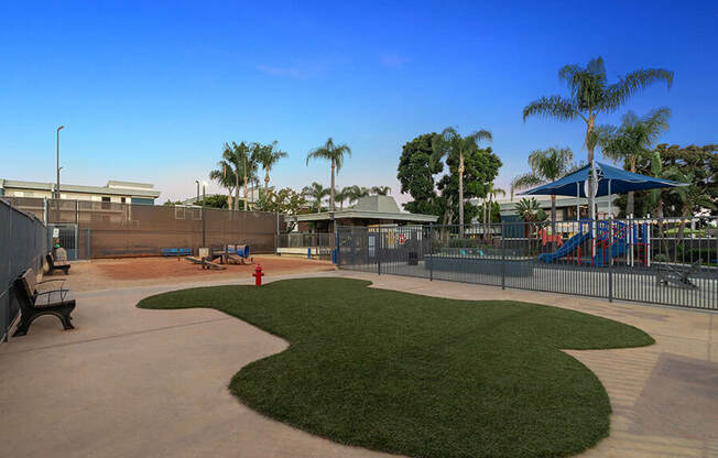 Community Dog Park with Agility Equipment at Madison Park Apartments located in Anaheim, CA.