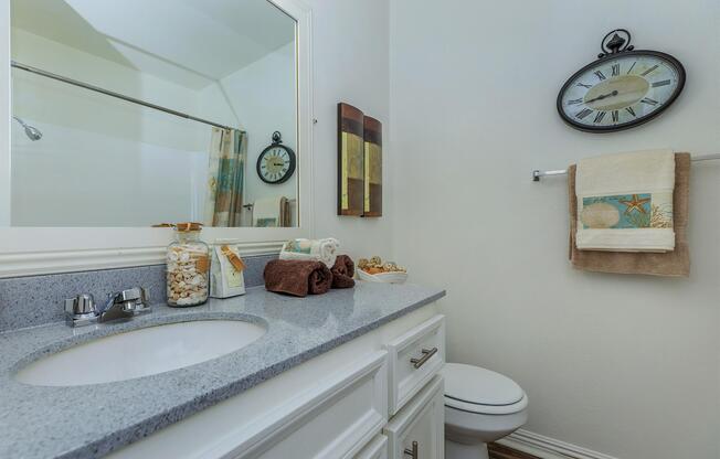 a white sink sitting under a mirror