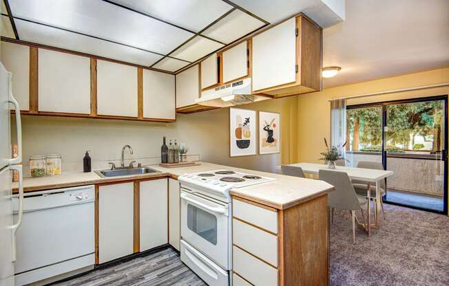 a kitchen with a stove and a sink and a table