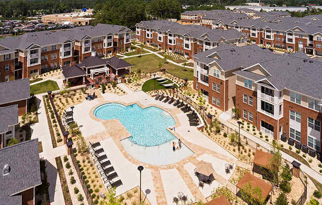 Aerial view of community clubhouse and pool