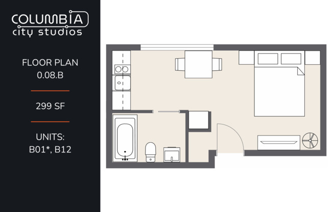 Studio, 1 bath, 299 sqft, $1,080, Unit B12
