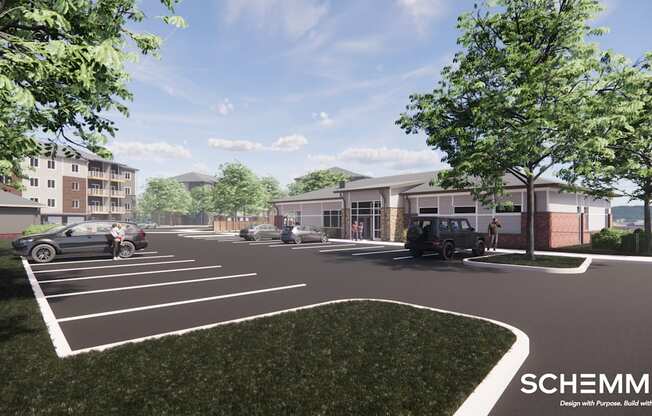 a rendering of a parking lot with cars in front of a building