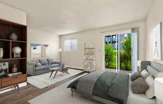 a bedroom with a bed and a couch and a living room at Eagles Landing Apartments, Everett Washington  