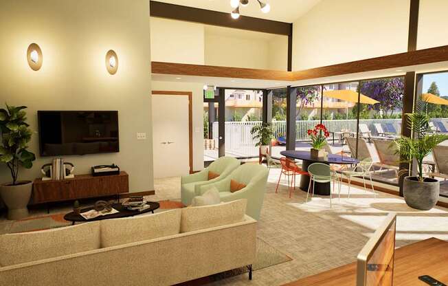 A living room with a couch, chairs, and a television.