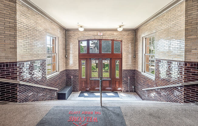 lobby at historic high school converted to lofts