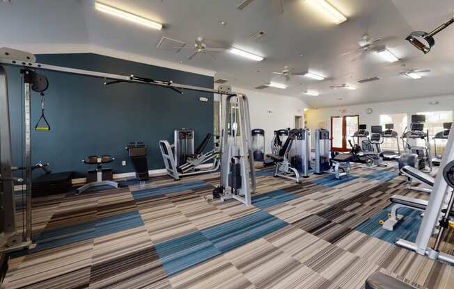 a large fitness room with cardio machines and weights