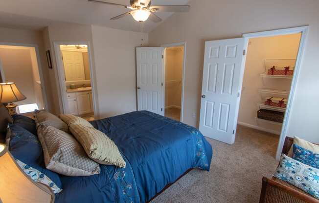 This is a photo of the primary bedroom in the 1242 square foot, 2 bedroom, 2 and 1/2 bath Spinnaker floor plan at Nantucket Apartments in Loveland, OH.