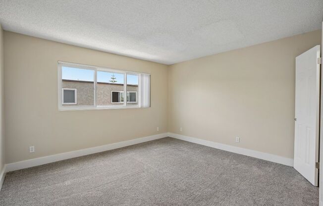 A room with a carpeted floor and a window