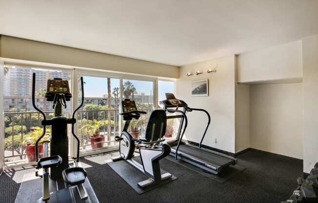 State-Of-The-Art Fitness Center with cardio equipment including elliptical trainer, stationary bike, treadmill, dumbbells and a great views, carpet floorings