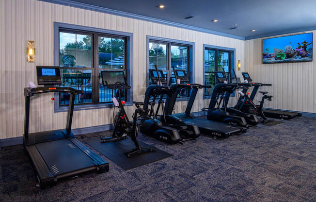 A gym with treadmills and exercise bikes.
