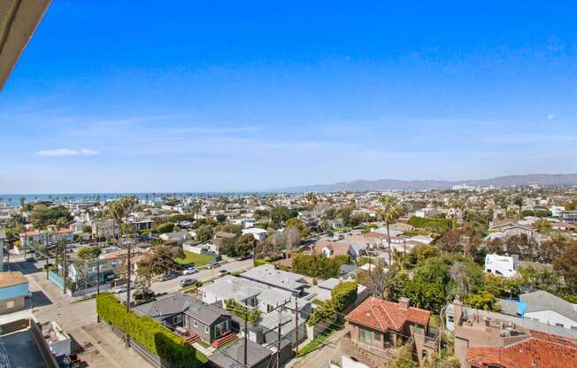 A view of a residential area from a high vantage point.