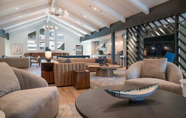 a living room with couches and chairs and a fireplace