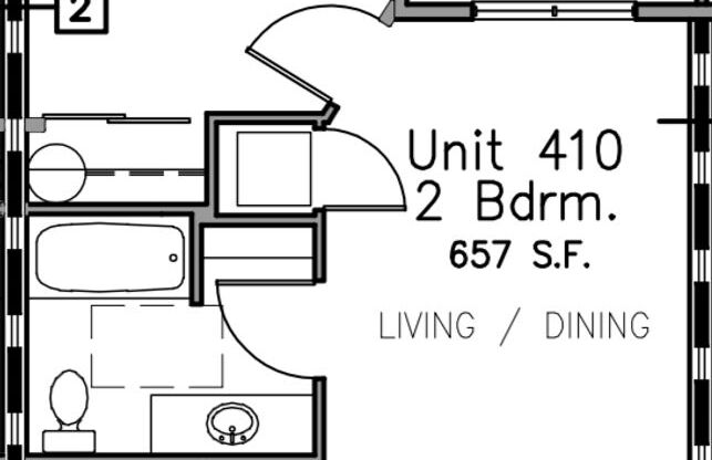 2 beds, 1 bath, 657 sqft, $1,800, Unit 410