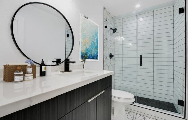 a bathroom with a sink and a toilet and a shower