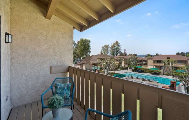 a balcony with two chairs and a view of a swimming pool