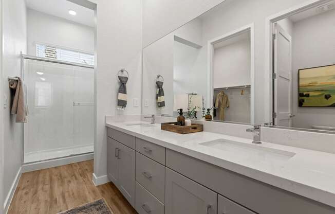 a bathroom with a sink and a shower and a mirror at Village of Chandler Apartments, Chandler, Arizona