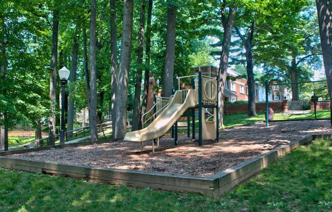 a playground with a slide in a park