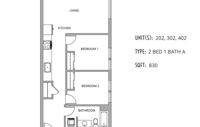 2 beds, 1 bath, 830 sqft, $2,932, Unit 202