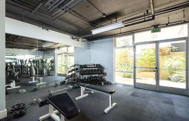 A gym with a variety of equipment including weights and dumbbells.