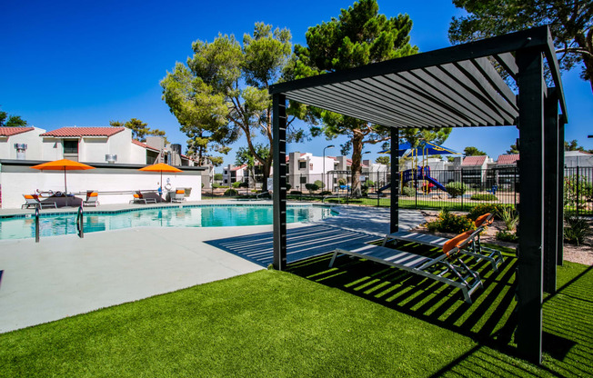 the swimming pool at the preserve at polo terrace apartments