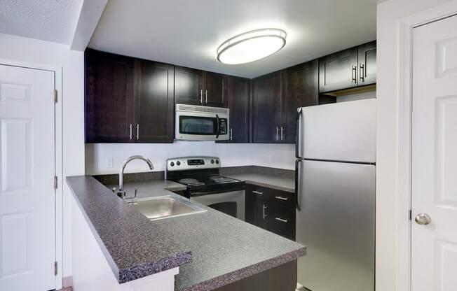 Stainless Steel Appliances With Dark Wood Cabinets In Kitchen at Ponside at Littleton Apartments.