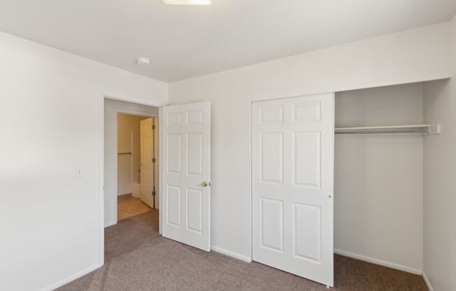 a bedroom with two closets and a door to a hallway