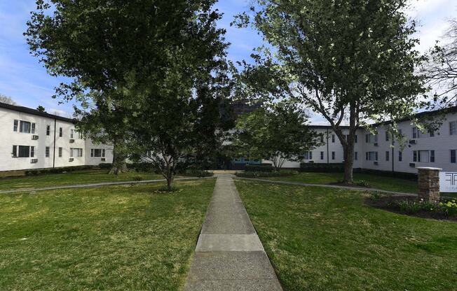 Courtyard area with neat sidewalk and mature trees at The Flats at Jackson Square