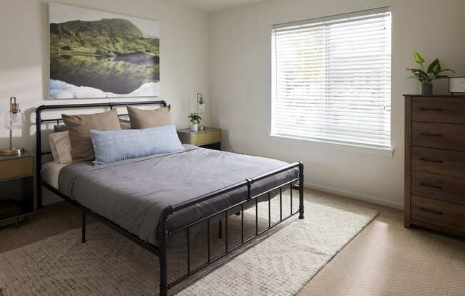 a bedroom with a bed and a dresser