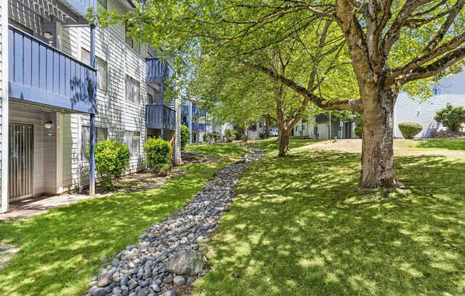 A tree stands in a grassy area next to a stone wall.