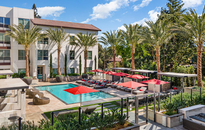 Sunlit pool deck with red umbrellas, cushioned loungers, and shaded cabanas framed by tall palms