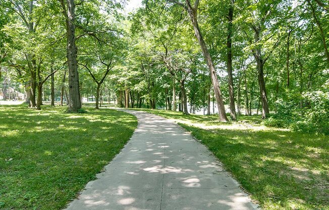 a path in a park with green grass and trees