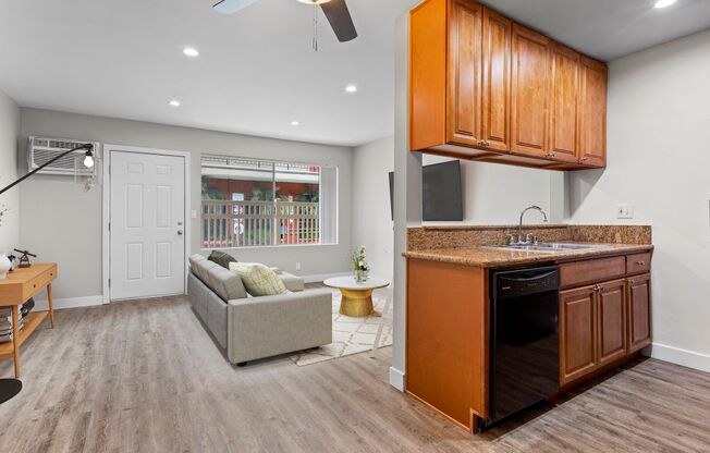 a living room with a kitchen and a couch