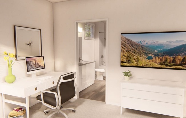 a bedroom with a desk and a chair in front of a tv at Brownstones at Palisade Park Townhomes, Broomfield, 80023