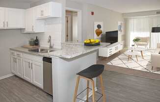 Full Kitchen with Island Open to Furnished Living Room