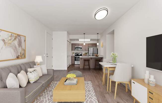 A living room with a grey couch, a coffee table, and a television.