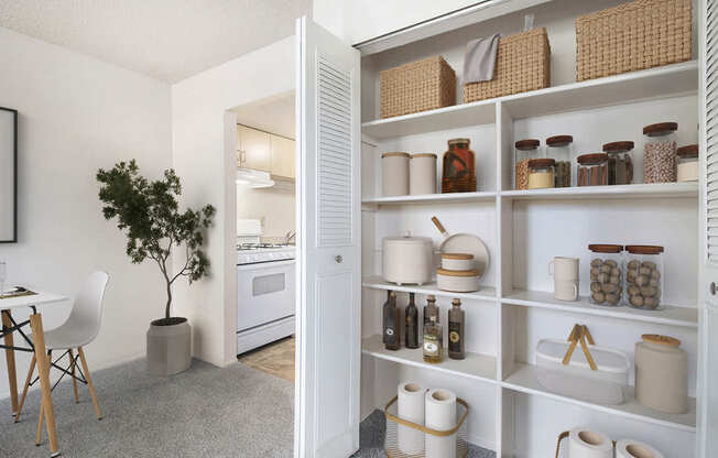pantry closet with shelves at Old Farm Apartments, Elkhart, 46517