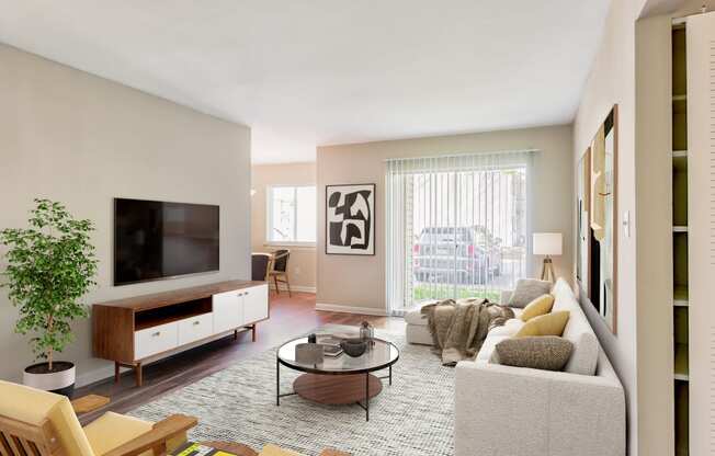 a living room with beige walls and a large window with a sliding glass door